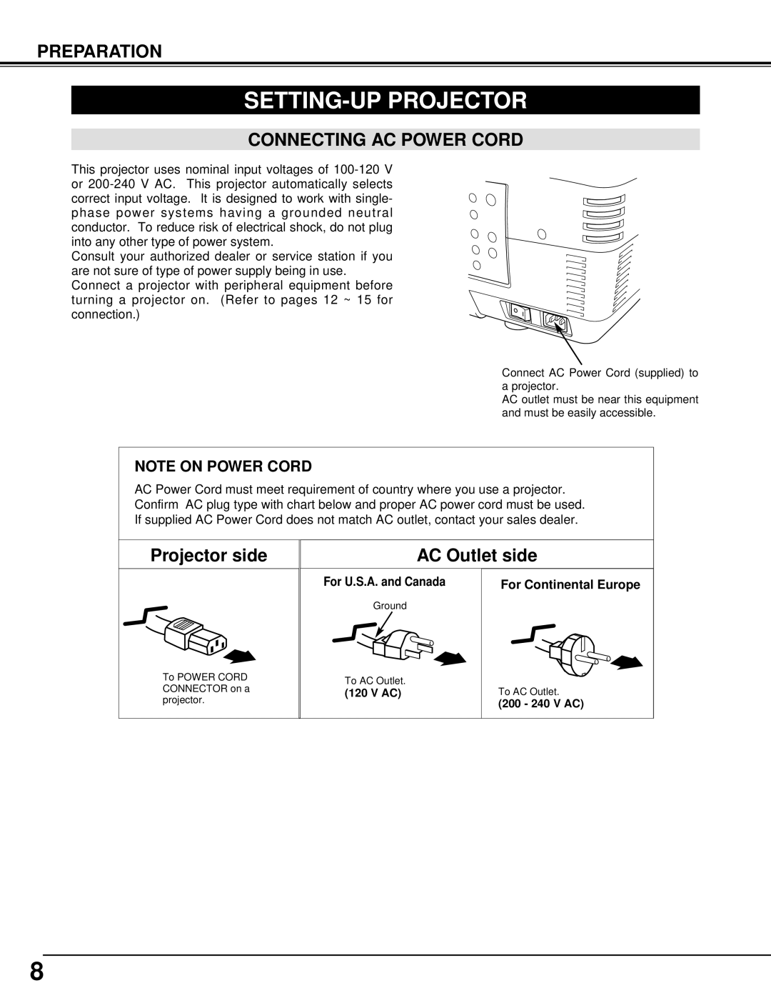 Eiki LC-UXT1 SETTING-UP Projector, Connecting AC Power Cord, For U.S.A. and Canada For Continental Europe 