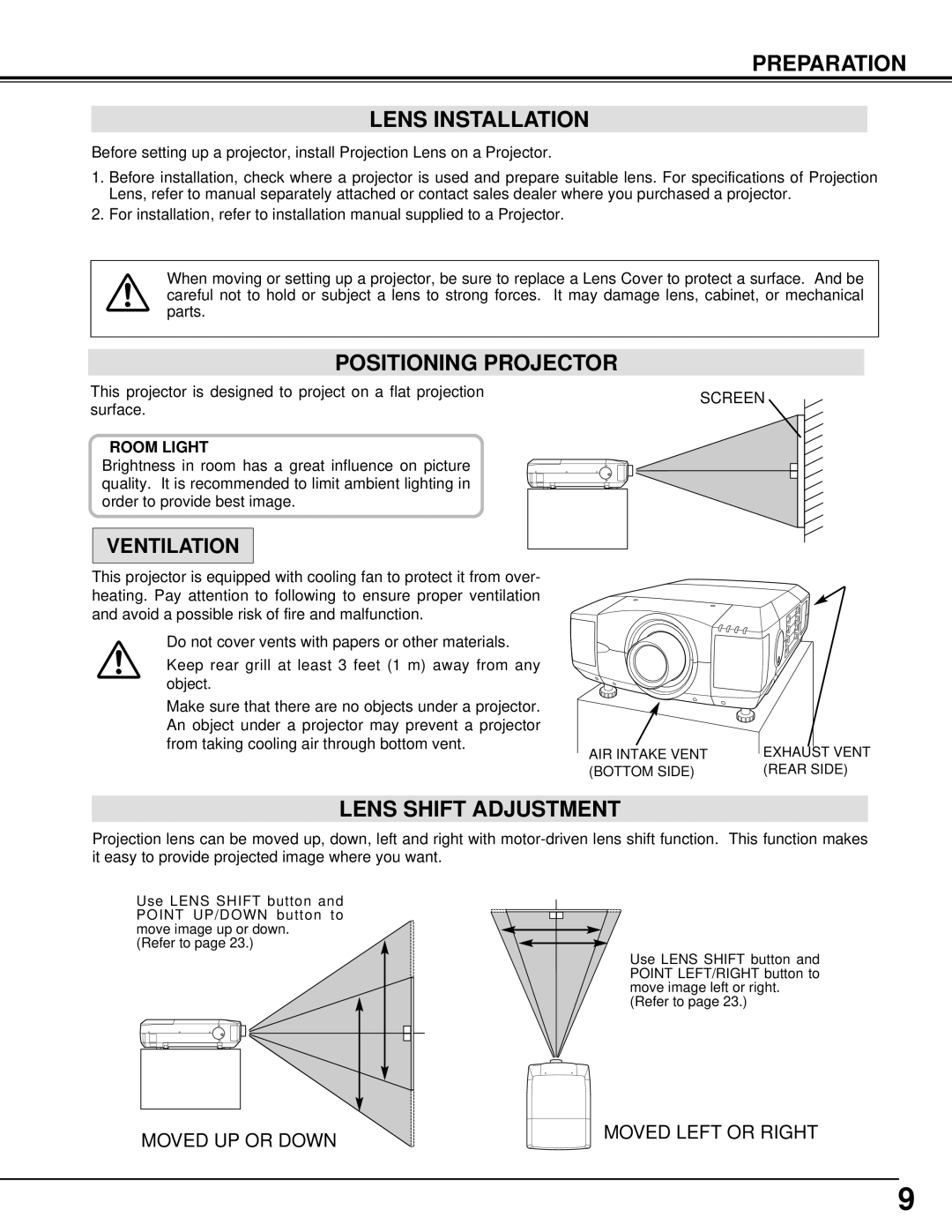 Eiki LC-UXT1 instruction manual Preparation Lens Installation, Positioning Projector, Lens Shift Adjustment 