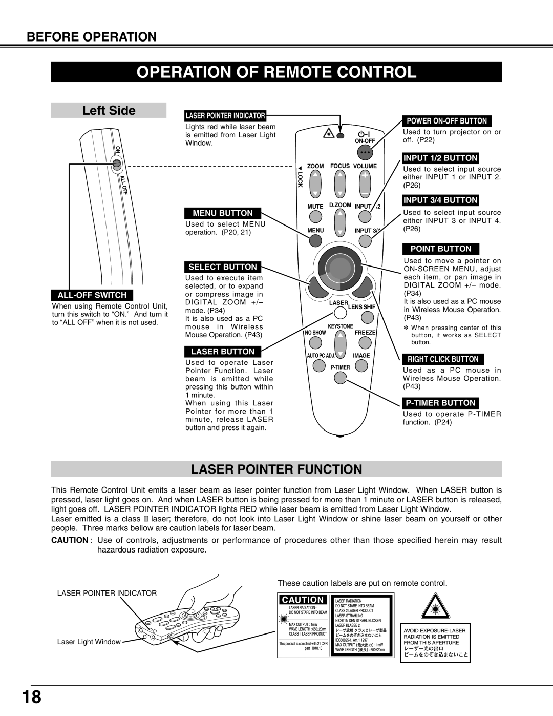 Eiki LC-UXT3 instruction manual Operation Of Remote Control, Left Side, Laser Pointer Function, Before Operation 