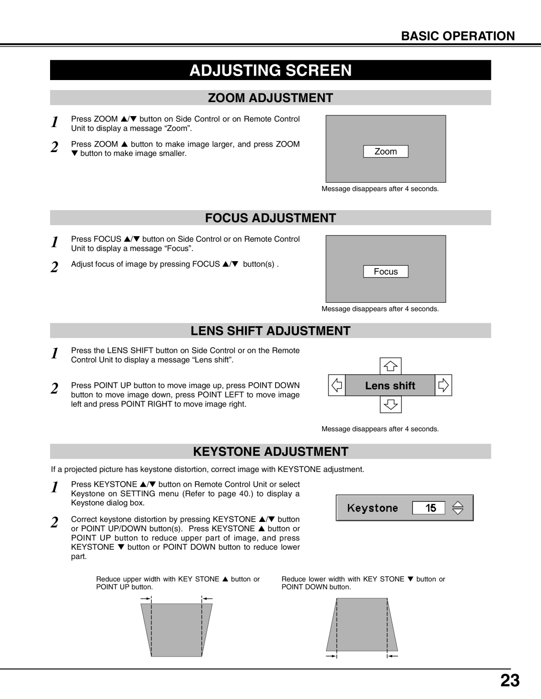 Eiki LC-UXT3 instruction manual Adjusting Screen, Zoom Adjustment, Focus Adjustment, Keystone Adjustment, Basic Operation 