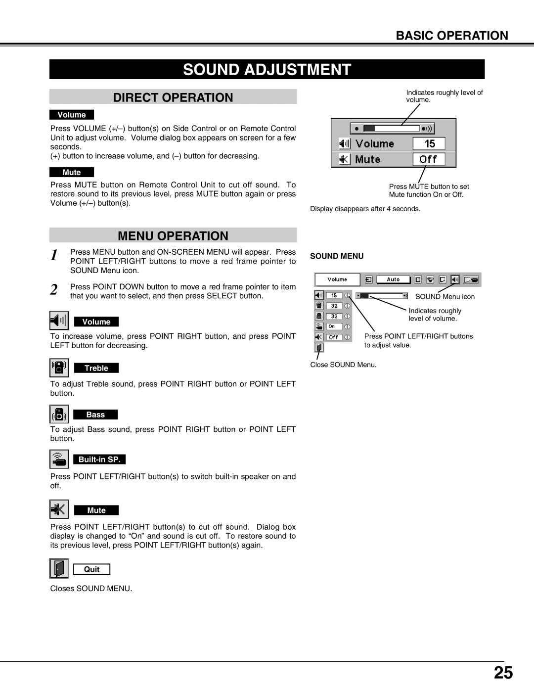 Eiki LC-UXT3 instruction manual Sound Adjustment, Direct Operation, Menu Operation, Basic Operation, Quit, Sound Menu 