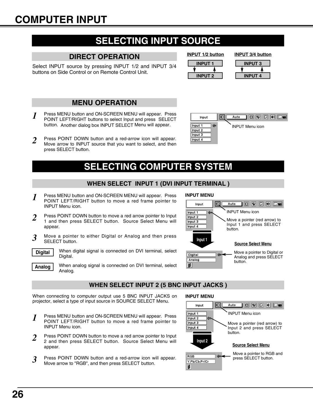 Eiki LC-UXT3 Computer Input, Selecting Input Source, Selecting Computer System, Direct Operation, Menu Operation 