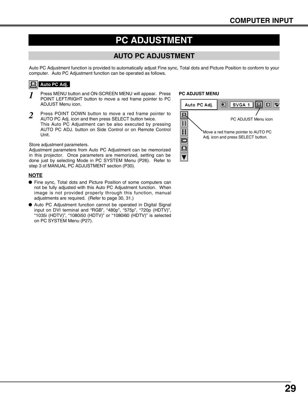 Eiki LC-UXT3 instruction manual Computer Input, Auto Pc Adjustment 