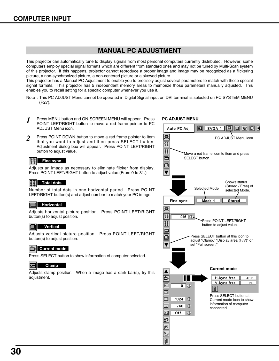 Eiki LC-UXT3 Computer Input Manual Pc Adjustment, Fine sync, Total dots, Horizontal, Vertical, Current mode, Clamp 
