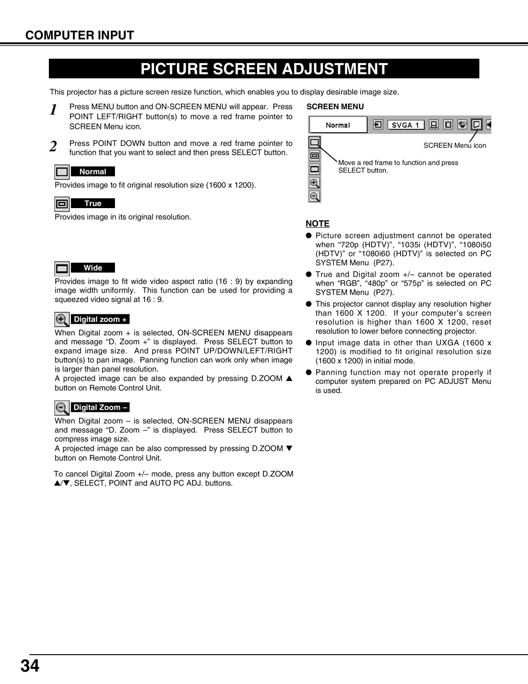 Eiki LC-UXT3 instruction manual Picture Screen Adjustment, Computer Input, Screen Menu 