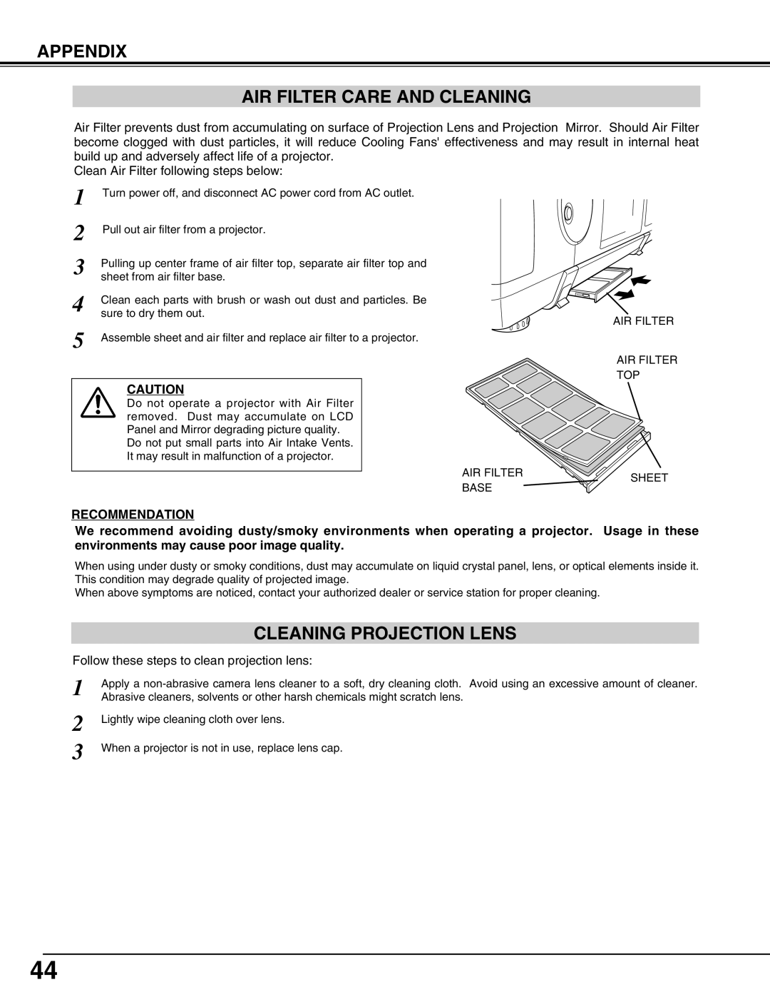 Eiki LC-UXT3 instruction manual Appendix Air Filter Care And Cleaning, Cleaning Projection Lens, Recommendation 