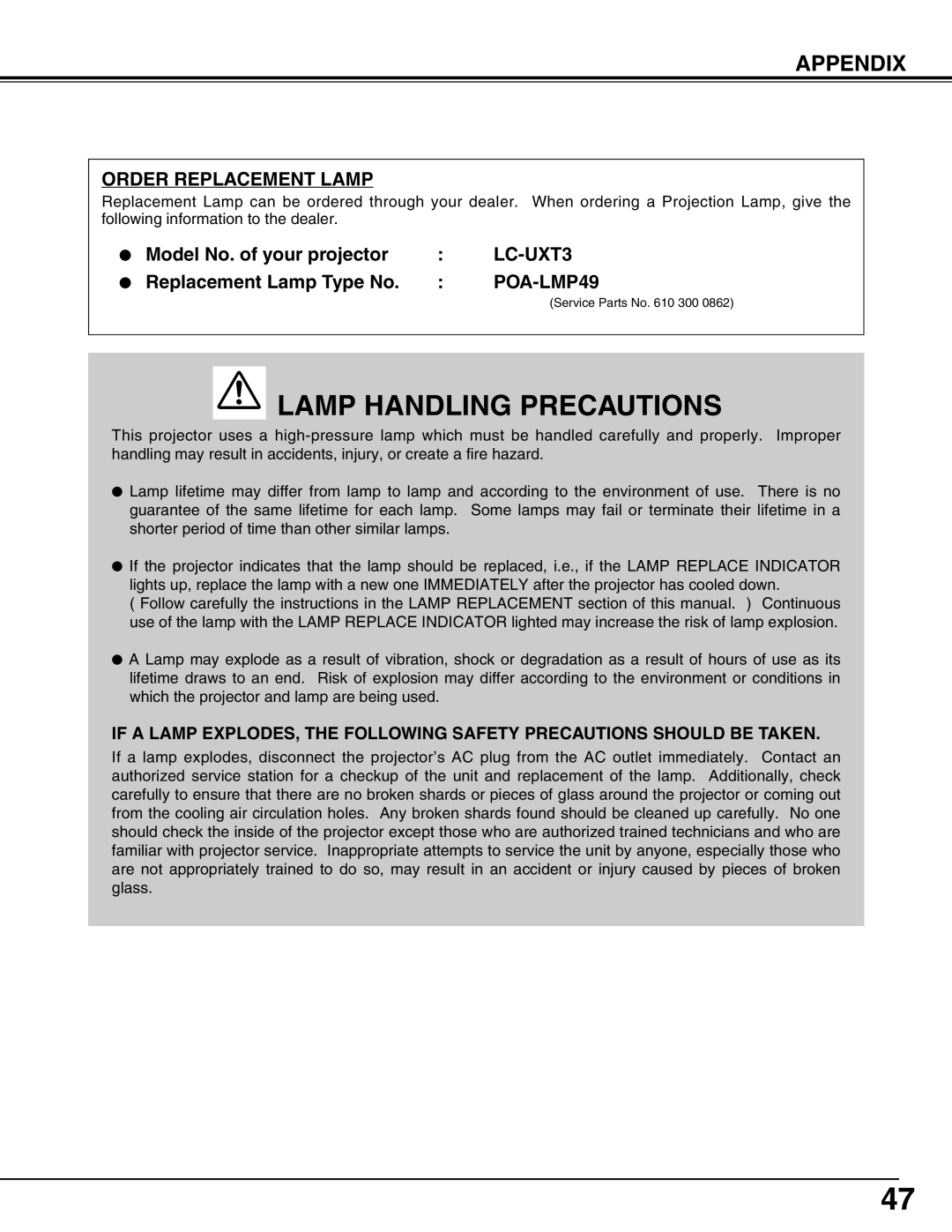 Eiki LC-UXT3 Lamp Handling Precautions, Appendix, Order Replacement Lamp, Model No. of your projector, POA-LMP49 