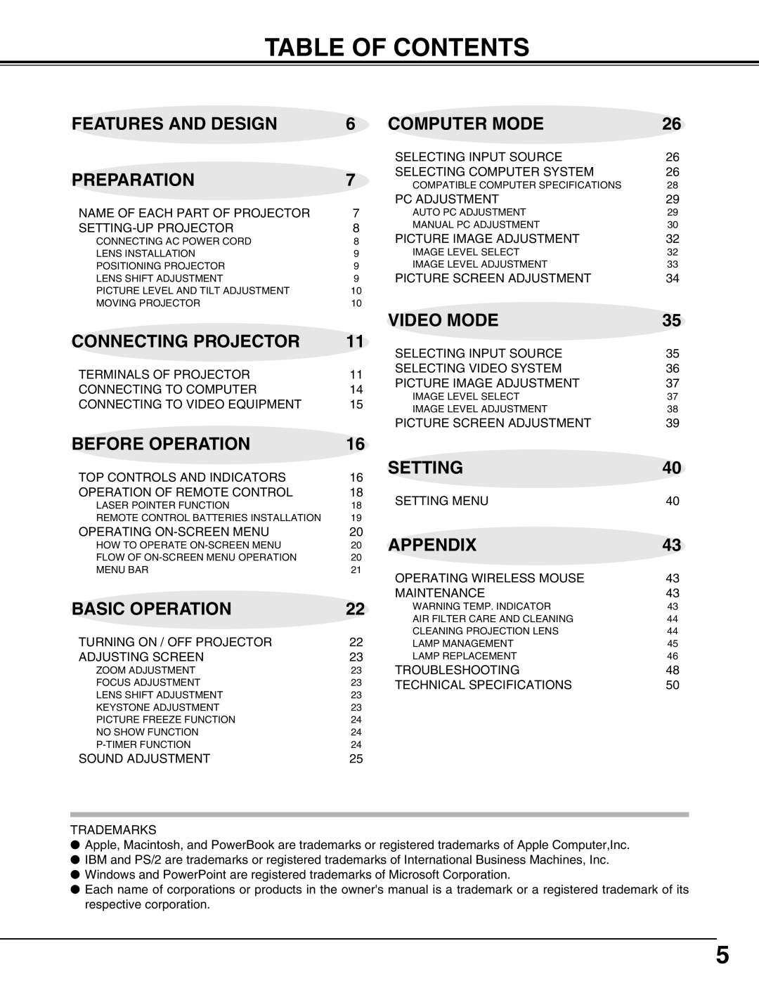 Eiki LC-UXT3 Table Of Contents, Features And Design, Computer Mode, Preparation, Connecting Projector, Video Mode, Setting 