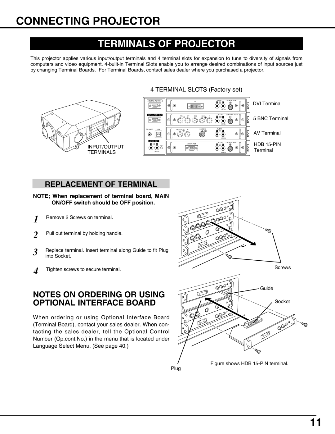 Eiki LC-UXT3 instruction manual Connecting Projector, Terminals of Projector, Replacement of Terminal 