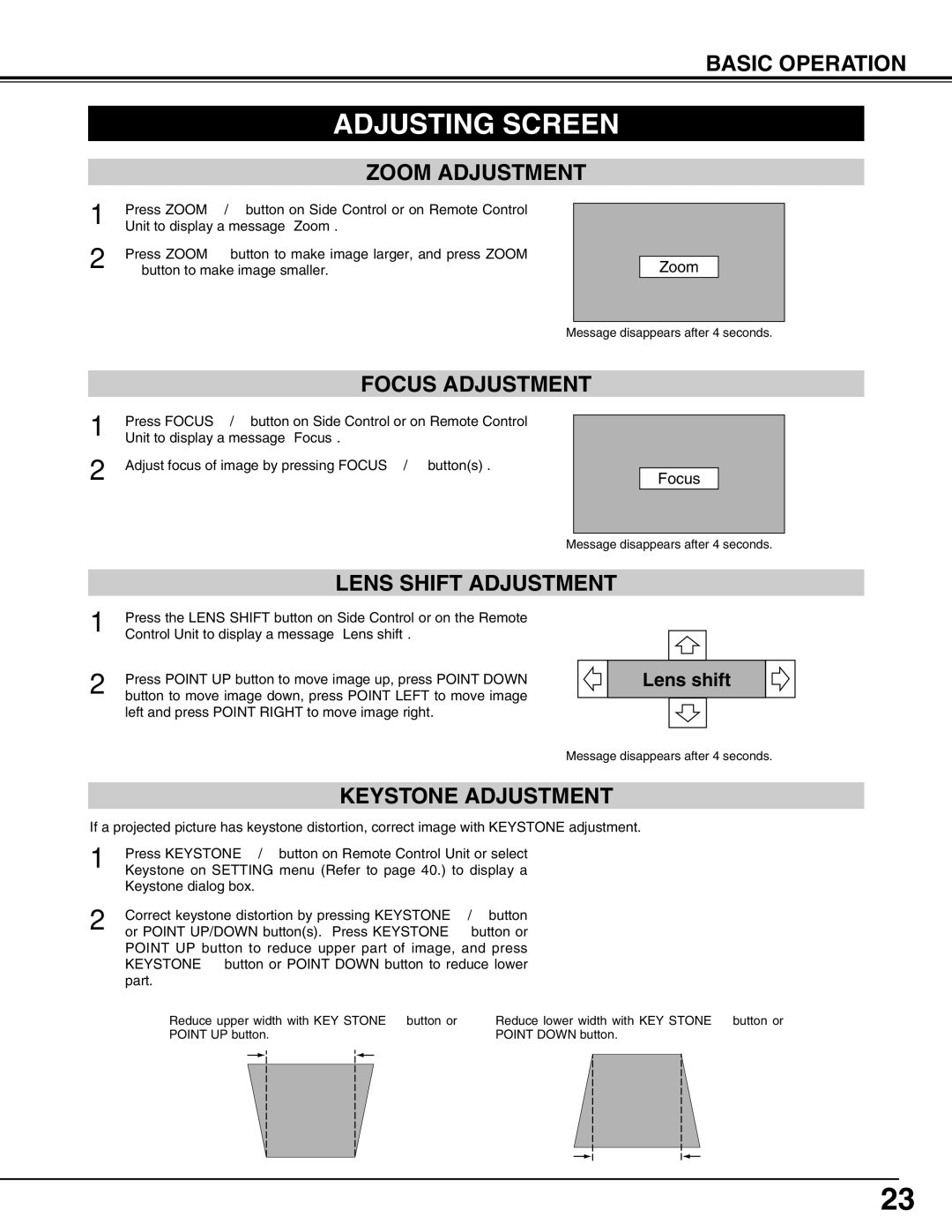 Eiki LC-UXT3 instruction manual Adjusting Screen, Zoom Adjustment, Focus Adjustment, Keystone Adjustment 