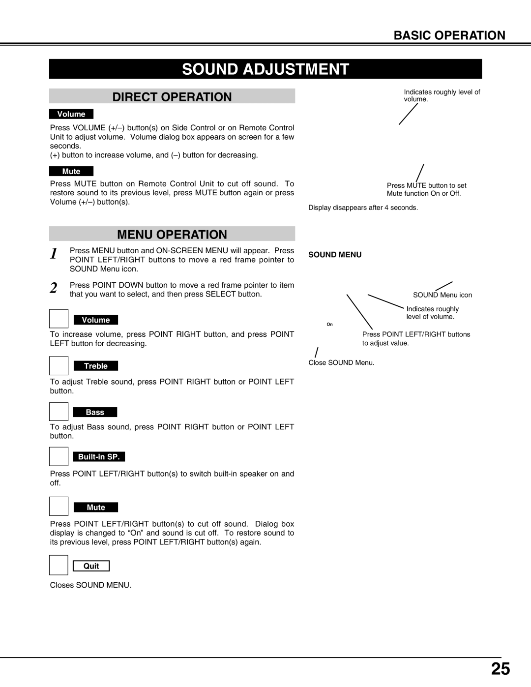 Eiki LC-UXT3 instruction manual Sound Adjustment, Direct Operation, Menu Operation, Sound Menu 