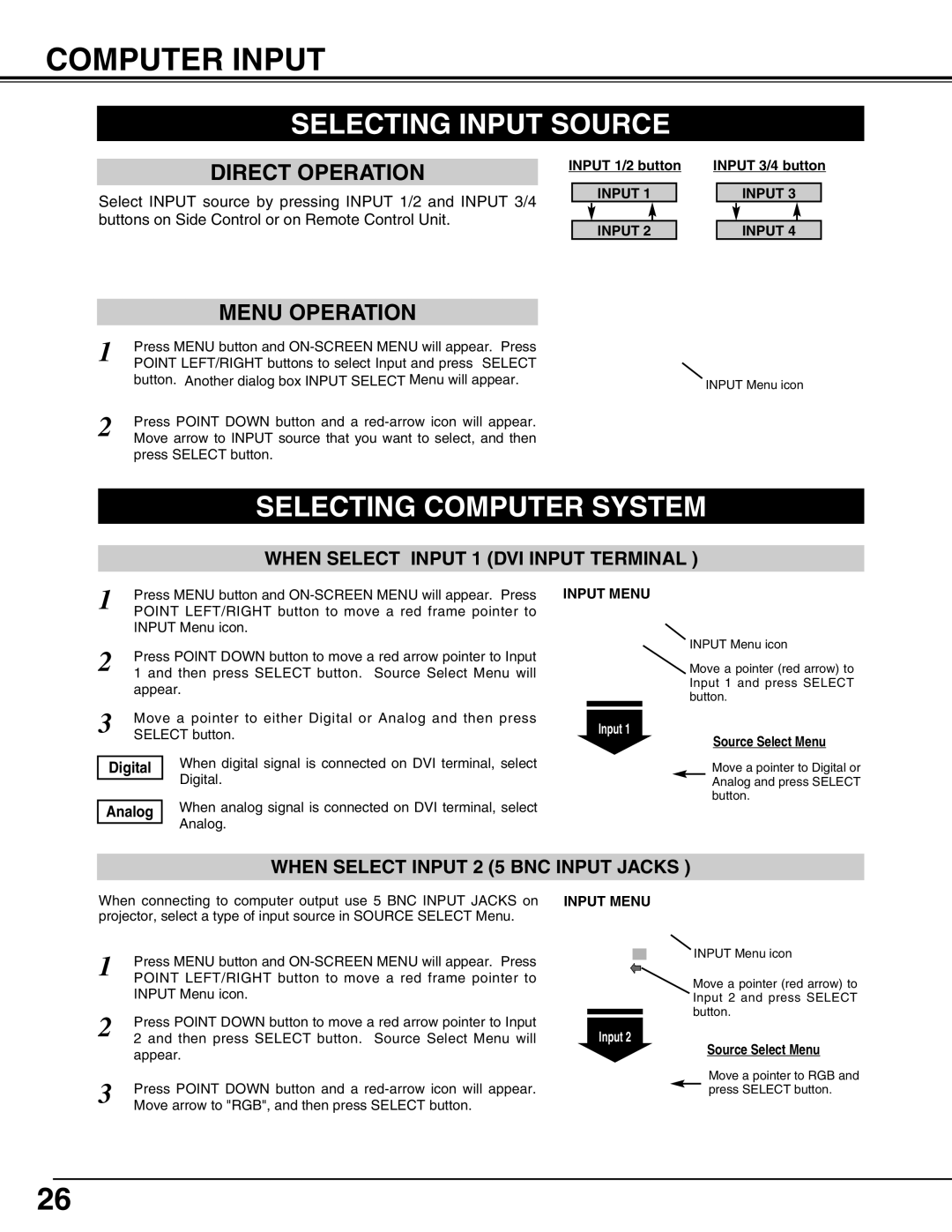 Eiki LC-UXT3 instruction manual Computer Input, Selecting Input Source, Selecting Computer System, Input Menu 