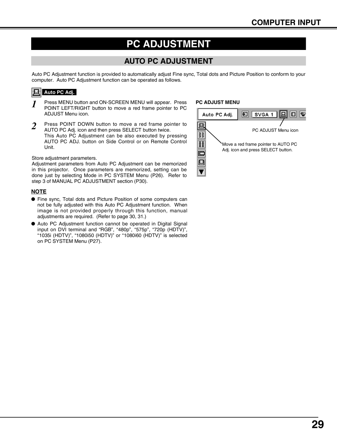 Eiki LC-UXT3 instruction manual Computer Input, Auto PC Adjustment, PC Adjust Menu 