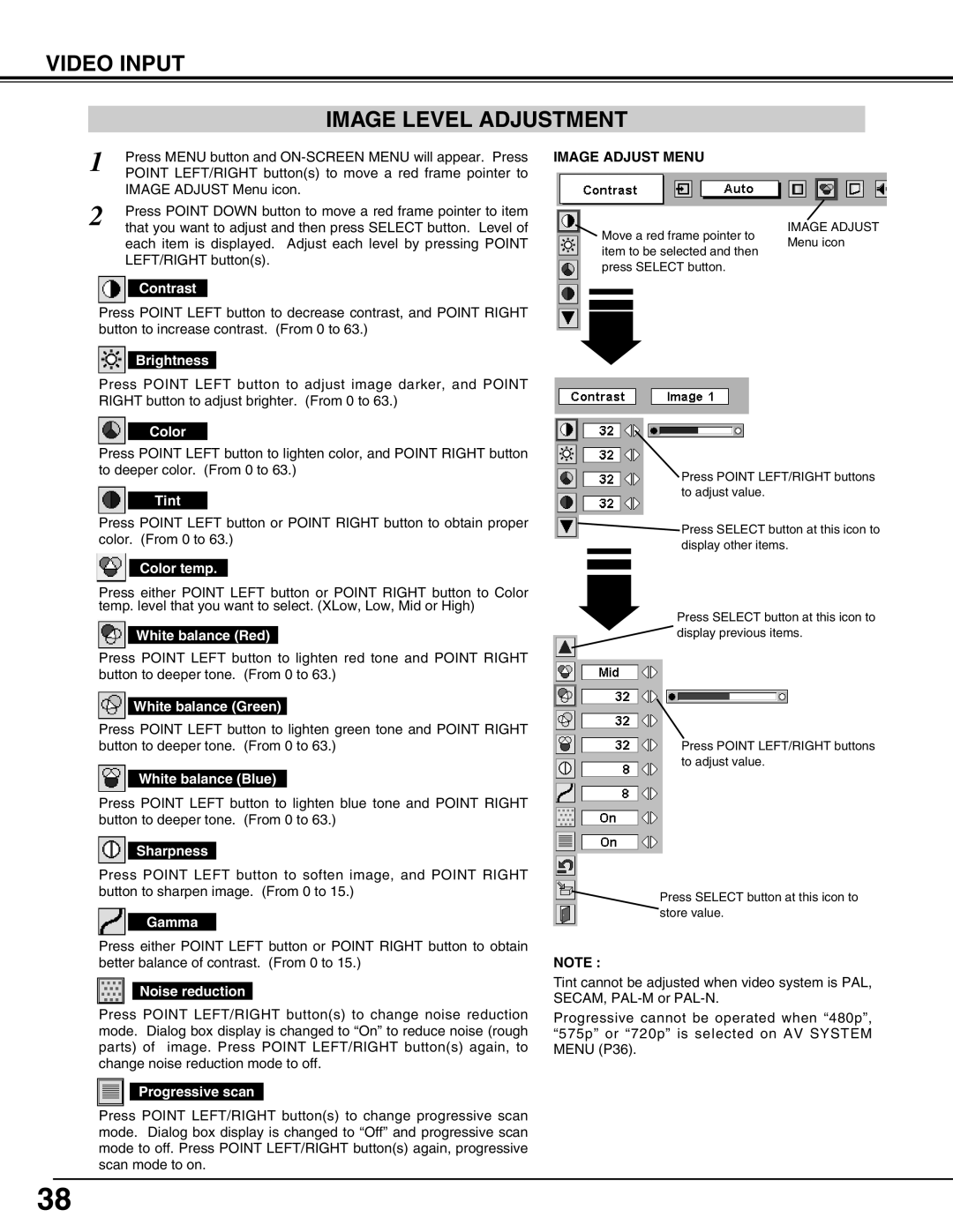 Eiki LC-UXT3 instruction manual Video Input Image Level Adjustment, Color, Tint, Progressive scan 