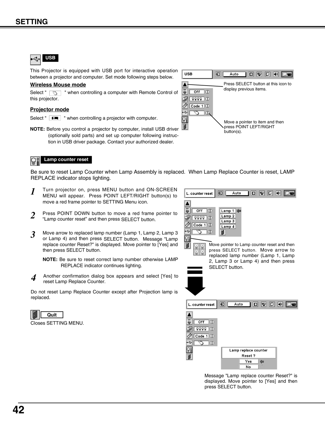 Eiki LC-UXT3 instruction manual Wireless Mouse mode, Projector mode, Usb, Lamp counter reset 