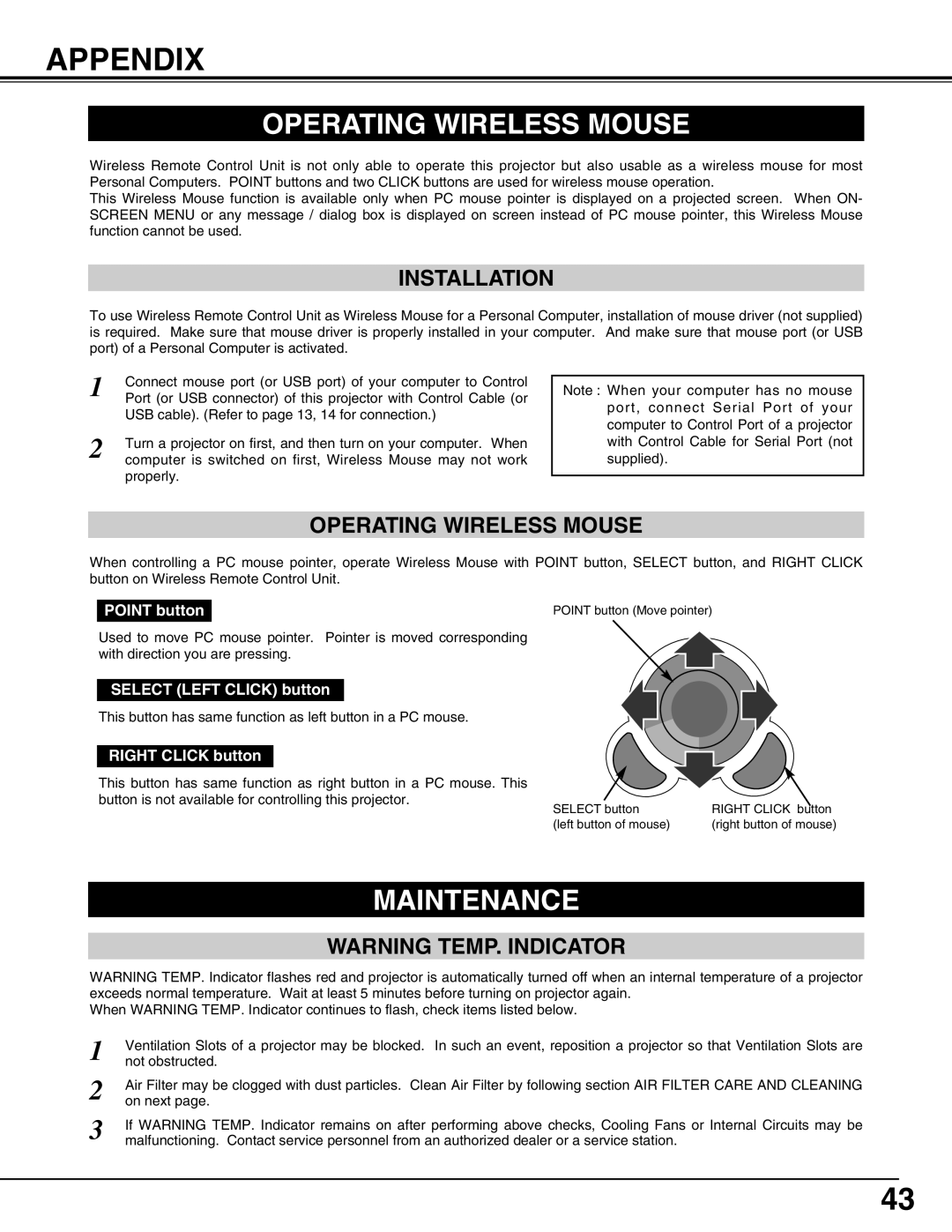 Eiki LC-UXT3 instruction manual Appendix, Operating Wireless Mouse, Maintenance, Installation 