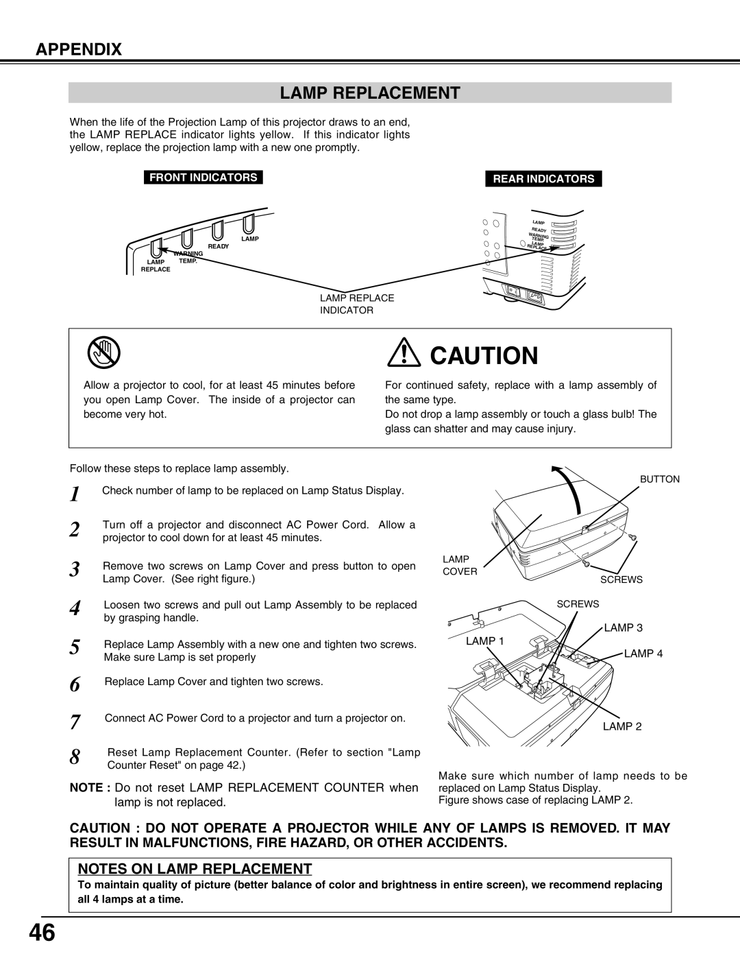 Eiki LC-UXT3 instruction manual Appendix Lamp Replacement, Front Indicators Rear Indicators 