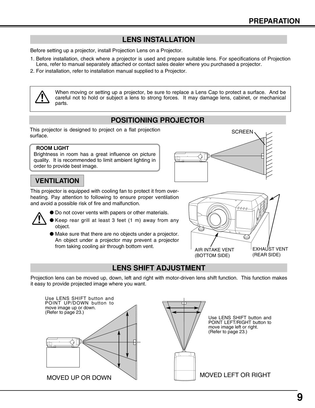 Eiki LC-UXT3 instruction manual Preparation Lens Installation, Positioning Projector, Lens Shift Adjustment 