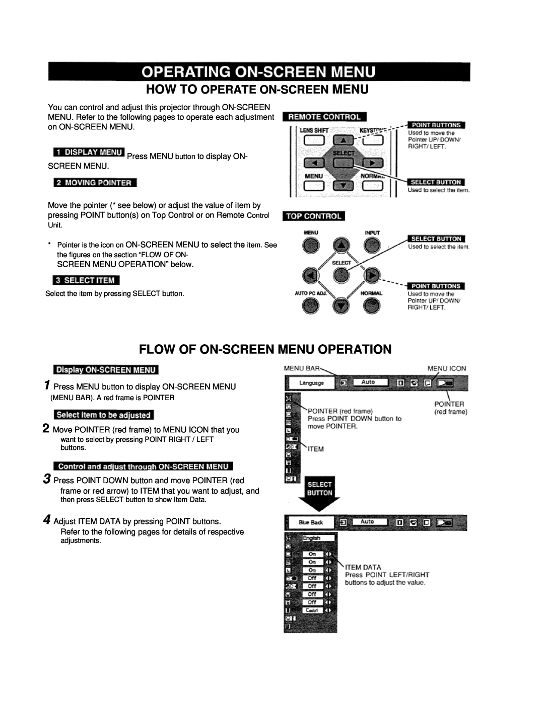 Eiki LC-VC1 owner manual Flow Of On-Screen Menu Operation, How To Operate On-Screen Menu 