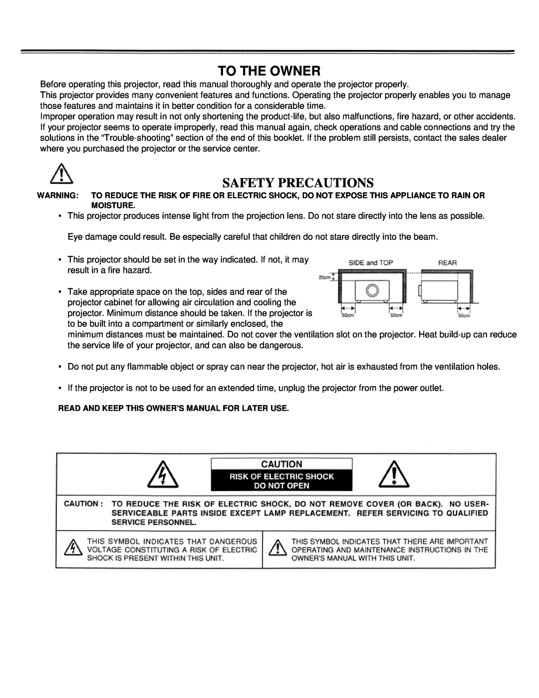 Eiki LC-VC1 owner manual To The Owner, Safety Precautions 