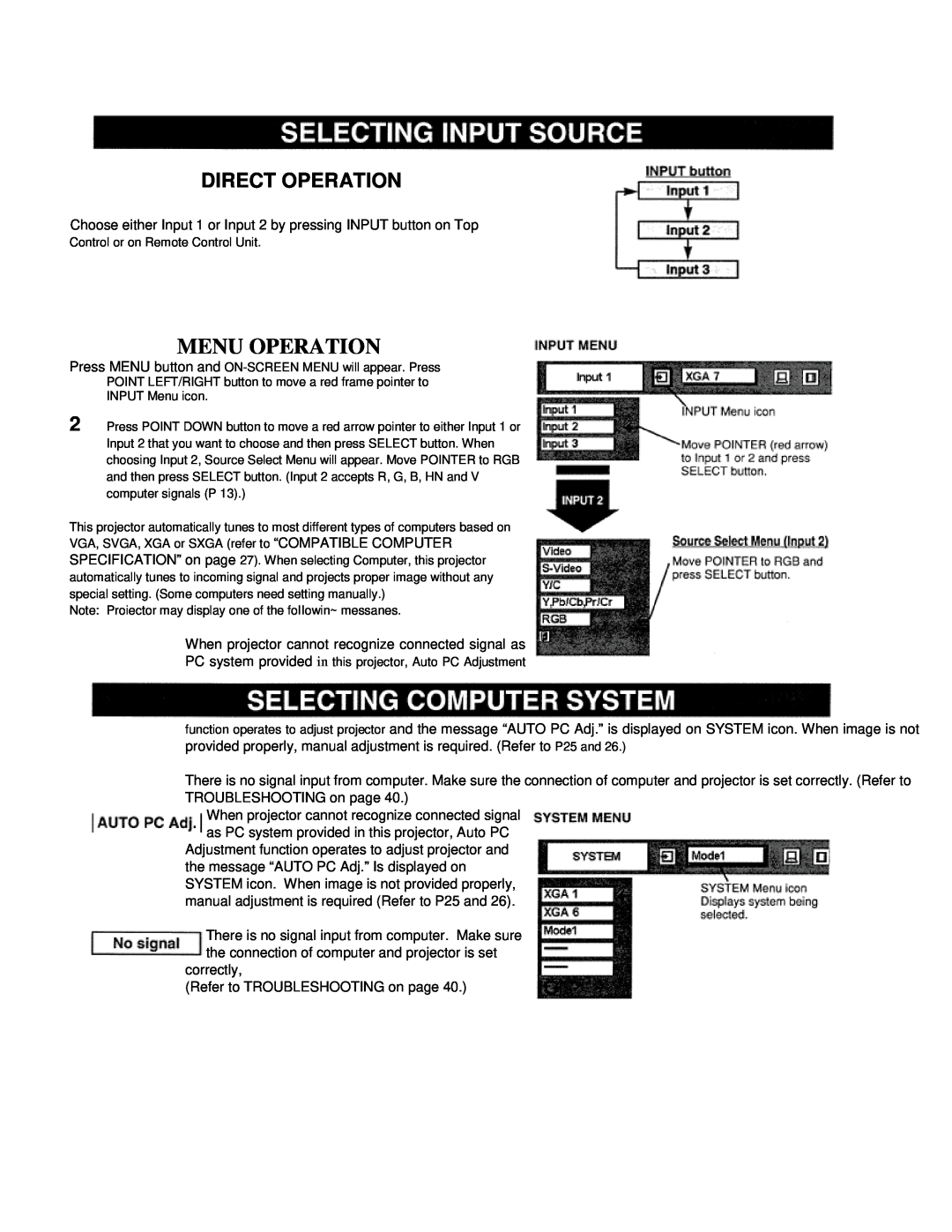 Eiki LC-VC1 owner manual Menu Operation, Direct Operation 