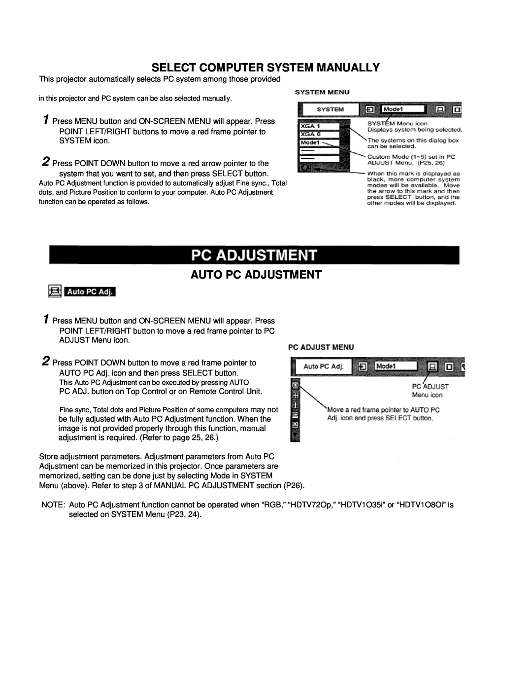 Eiki LC-VC1 owner manual Select Computer System Manually, Auto Pc Adjustment 