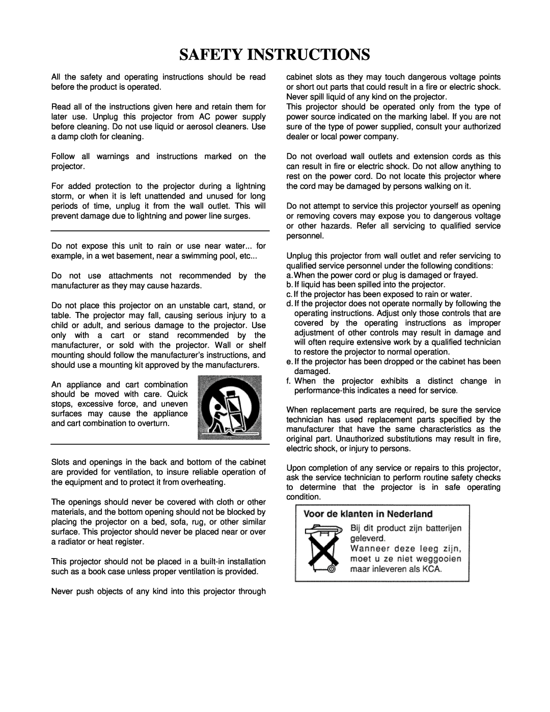 Eiki LC-VC1 owner manual Safety Instructions 