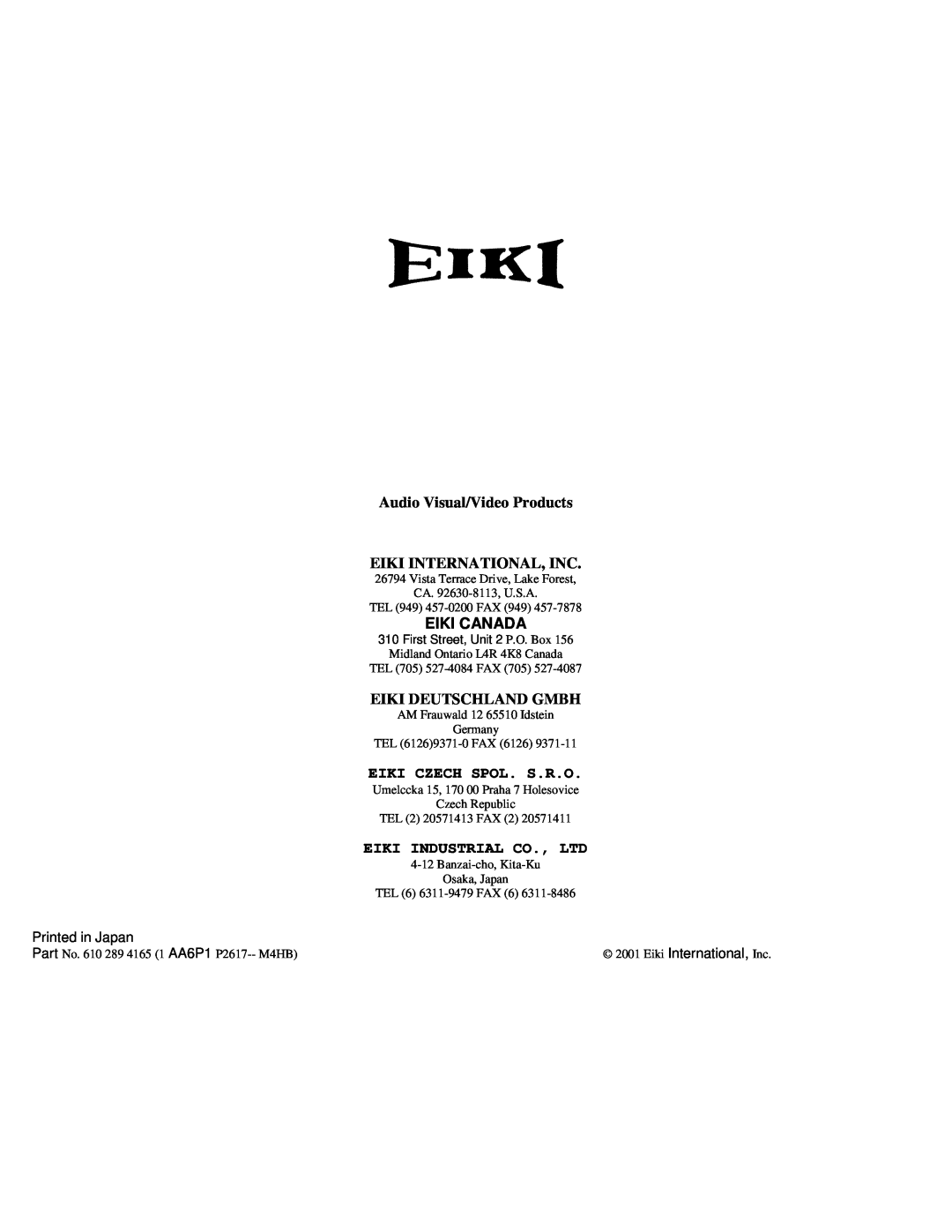 Eiki LC-VC1 owner manual Audio Visual/Video Products EIKI INTERNATIONAL, INC, Eiki Canada, Eiki Deutschland Gmbh 