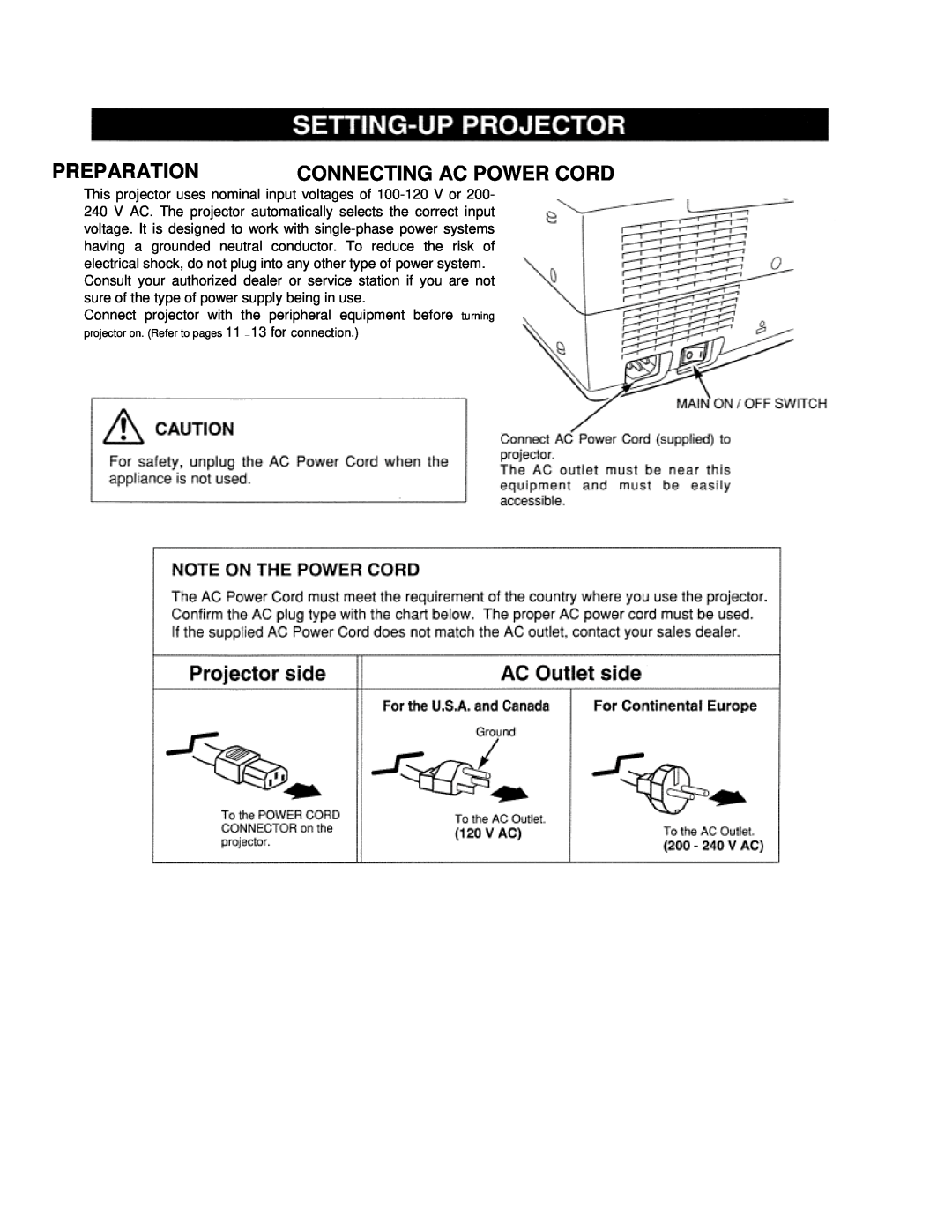 Eiki LC-VC1 owner manual Preparation, Connecting Ac Power Cord 