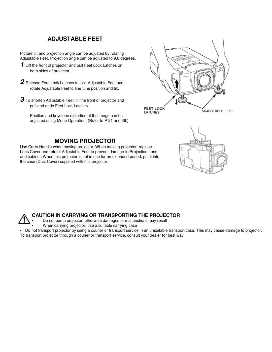 Eiki LC-VC1 owner manual Adjustable Feet, Moving Projector 