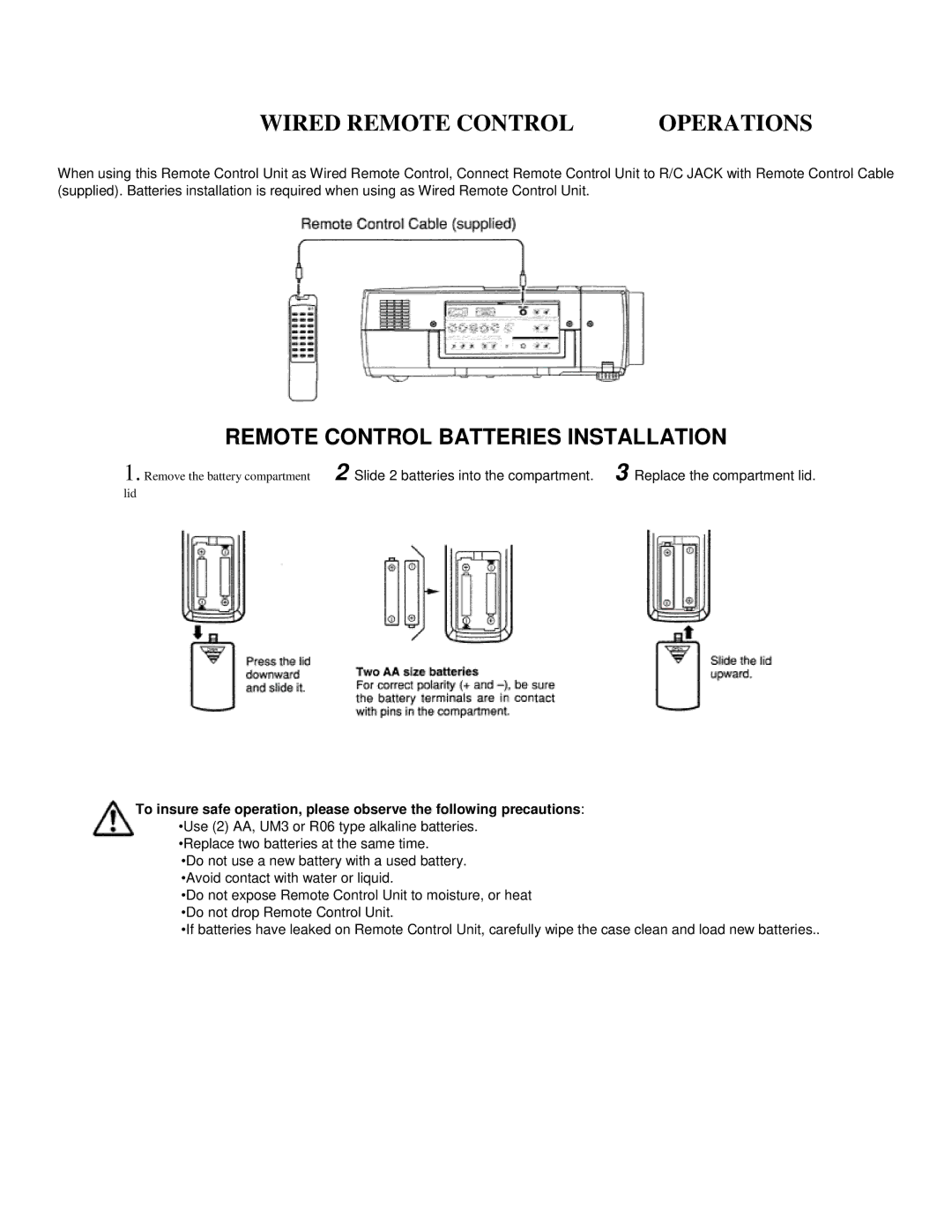 Eiki LC-VC1 owner manual Wired Remote Control Operations 