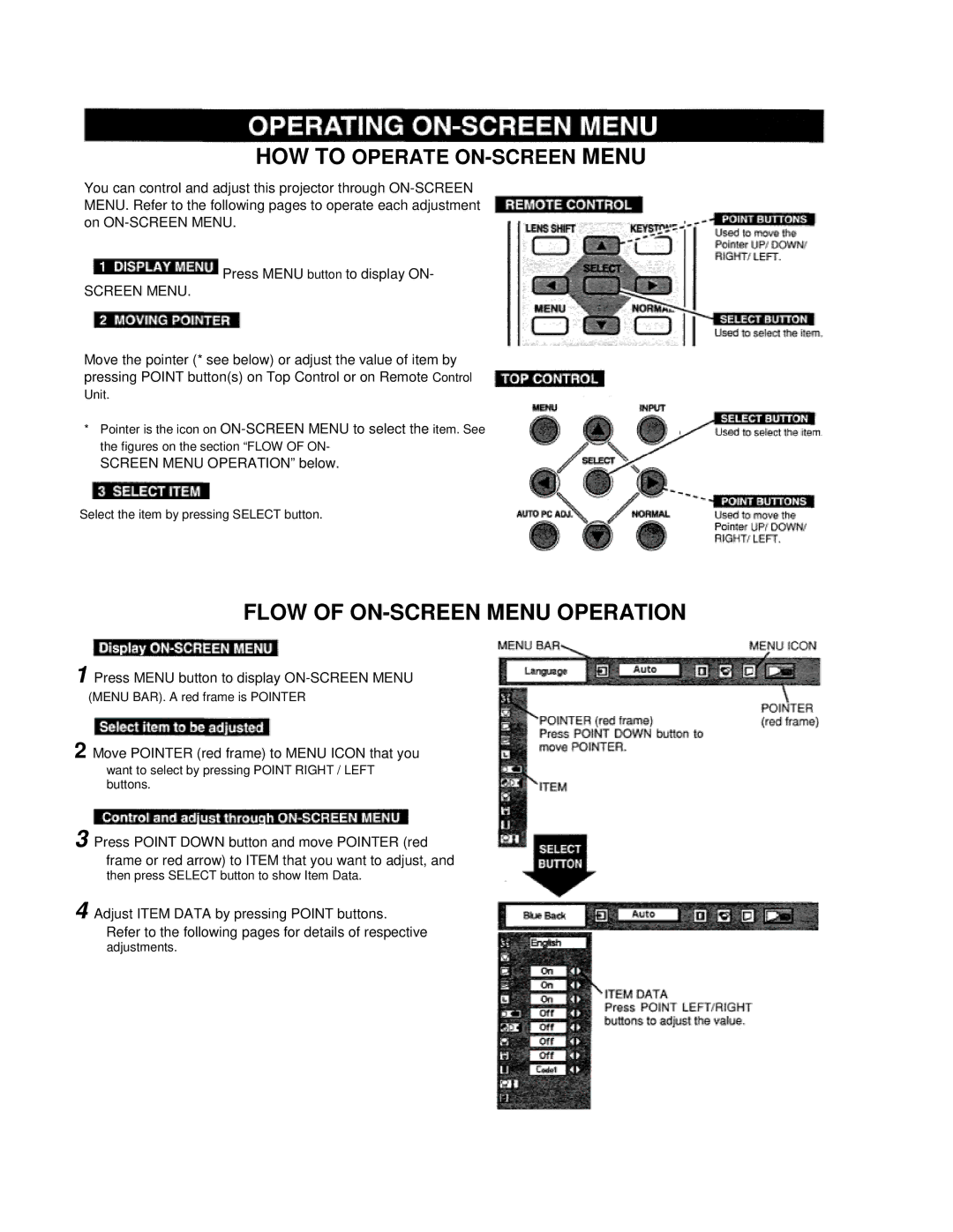 Eiki LC-VC1 HOW to Operate ON-SCREEN Menu, Screen Menu Operation below, Press Menu button to display ON-SCREEN Menu 