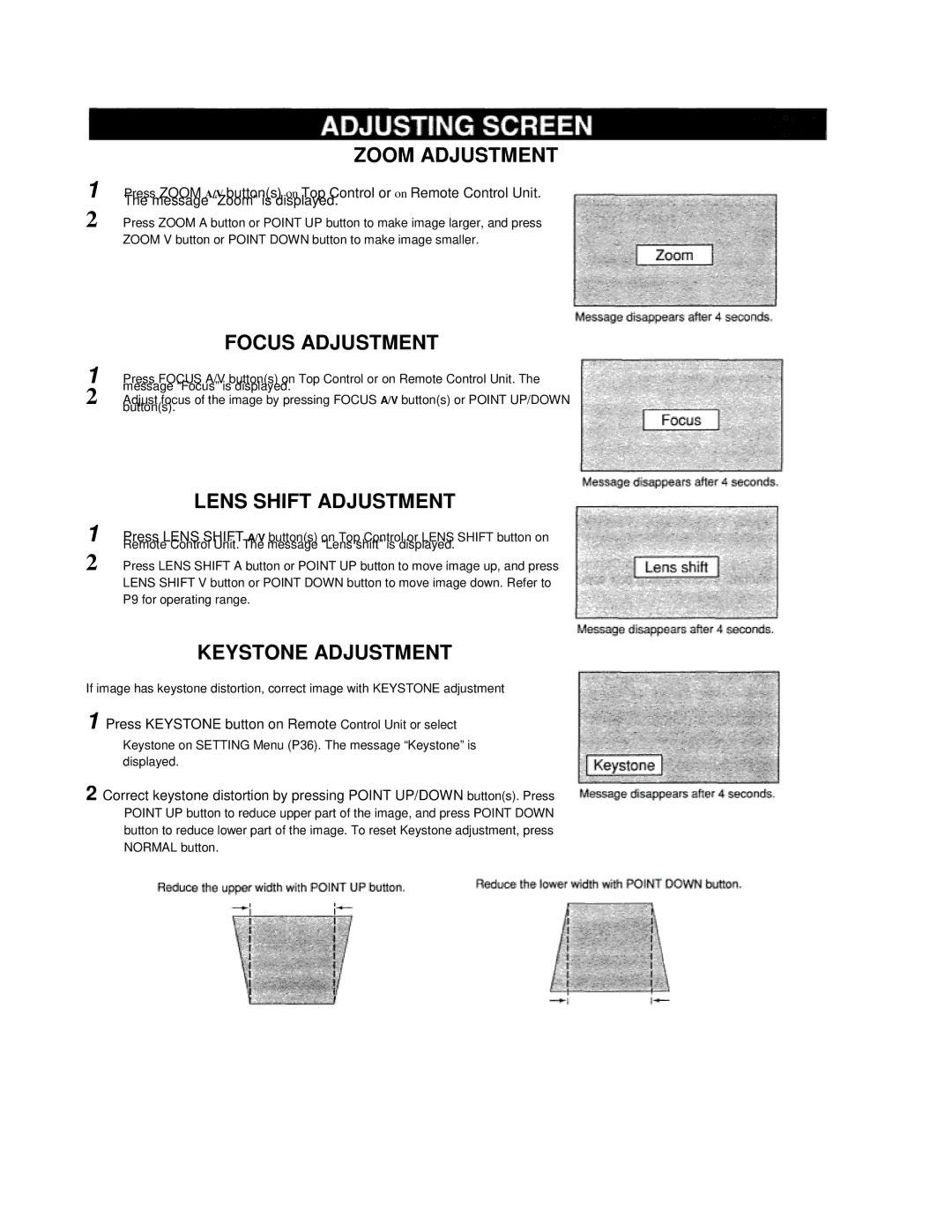 Eiki LC-VC1 owner manual Zoom Adjustment, Focus Adjustment, Lens Shift Adjustment, Keystone Adjustment 