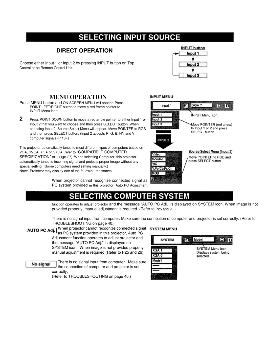 Eiki LC-VC1 owner manual Direct Operation, When projector cannot recognize connected signal as 