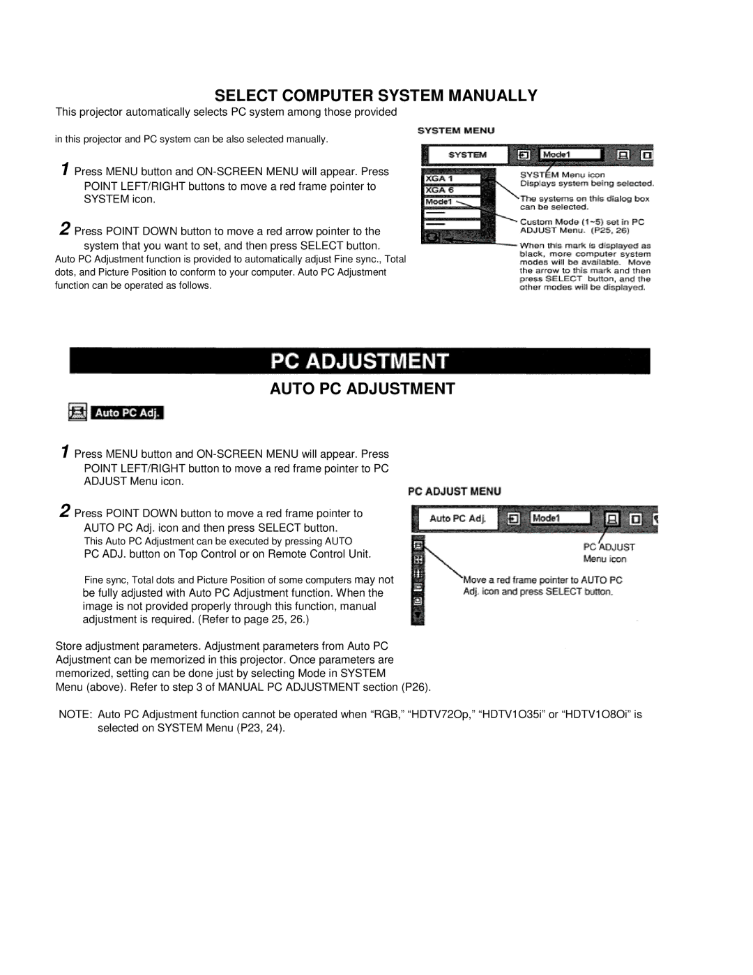 Eiki LC-VC1 Select Computer System Manually, Auto PC Adjustment, PC ADJ. button on Top Control or on Remote Control Unit 