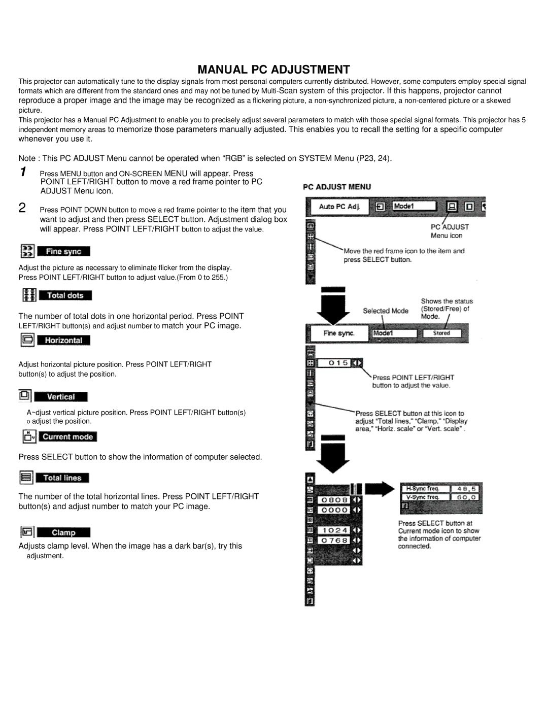 Eiki LC-VC1 Manual PC Adjustment, Whenever you use it, Number of total dots in one horizontal period. Press Point 