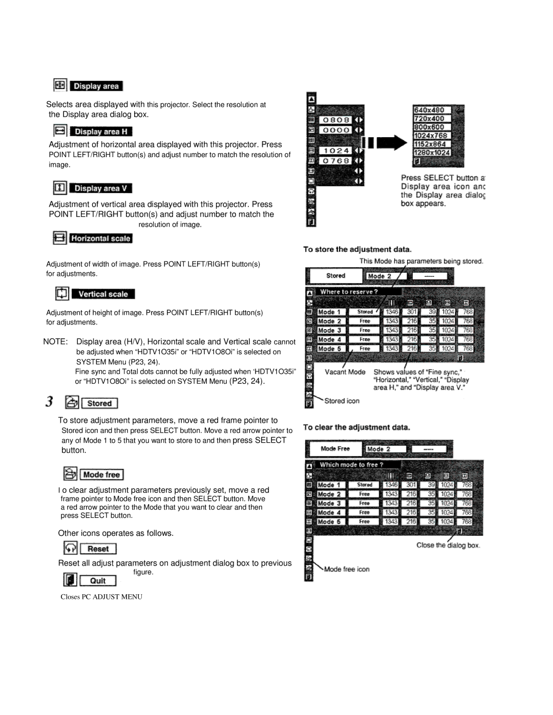 Eiki LC-VC1 owner manual To store adjustment parameters, move a red frame pointer to 