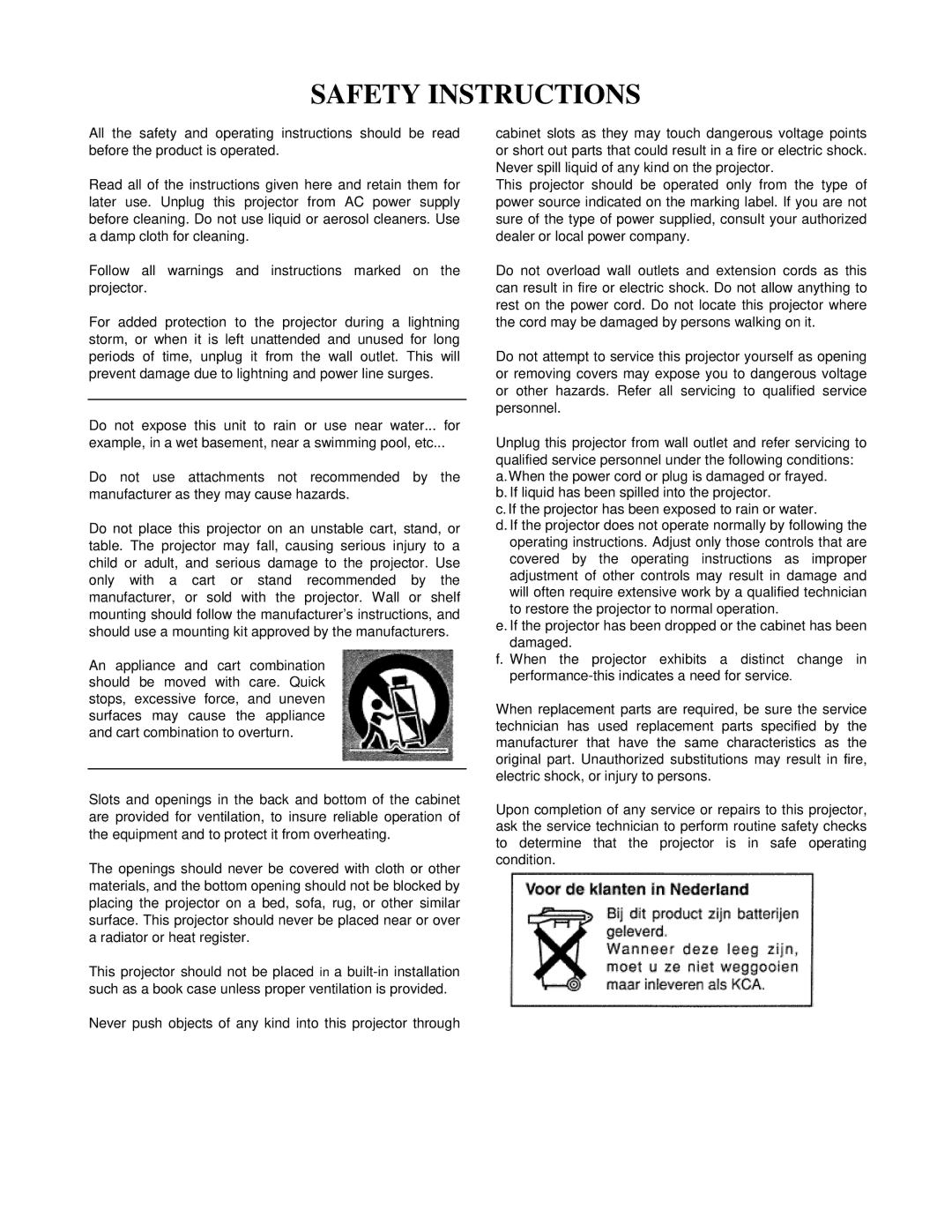 Eiki LC-VC1 owner manual Safety Instructions 