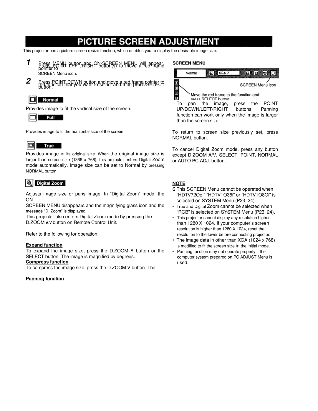 Eiki LC-VC1 owner manual Expand function, To compress the image size, press the D.ZOOM V button 