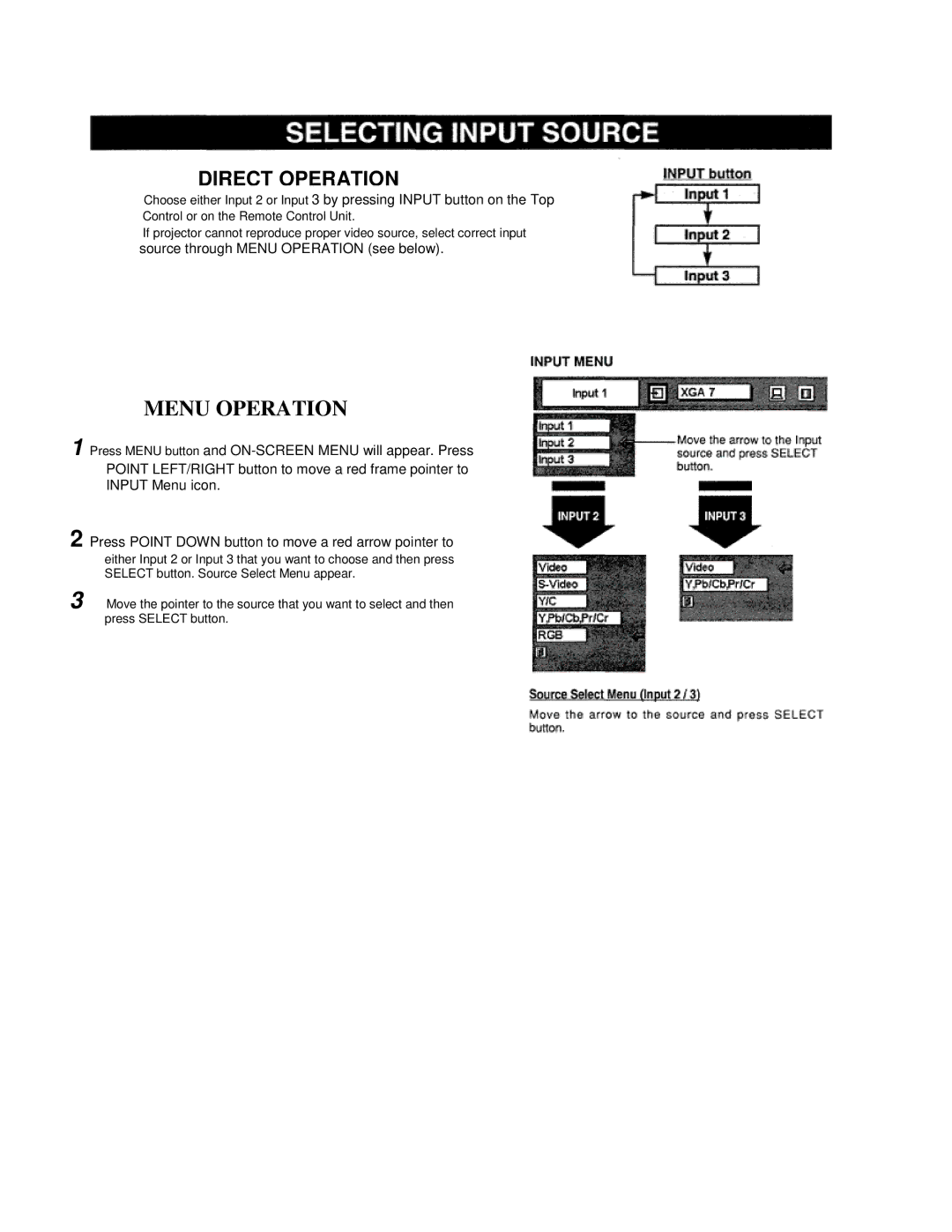 Eiki LC-VC1 owner manual Direct Operation, Source through Menu Operation see below 