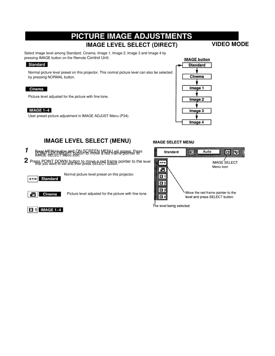 Eiki LC-VC1 owner manual Image Level Select Direct Video Mode, Image Level Select Menu 