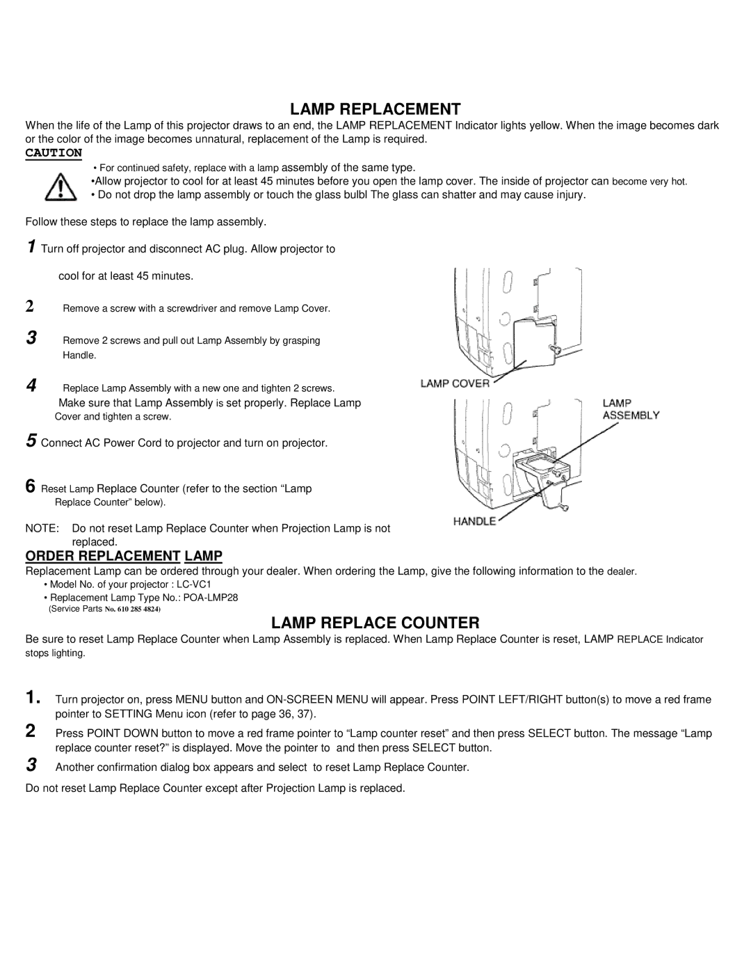 Eiki LC-VC1 owner manual Lamp Replacement, Lamp Replace Counter, Make sure that Lamp Assembly is set properly. Replace Lamp 