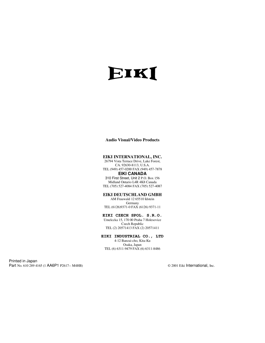 Eiki LC-VC1 owner manual Eiki Czech SPOL. S.R.O 