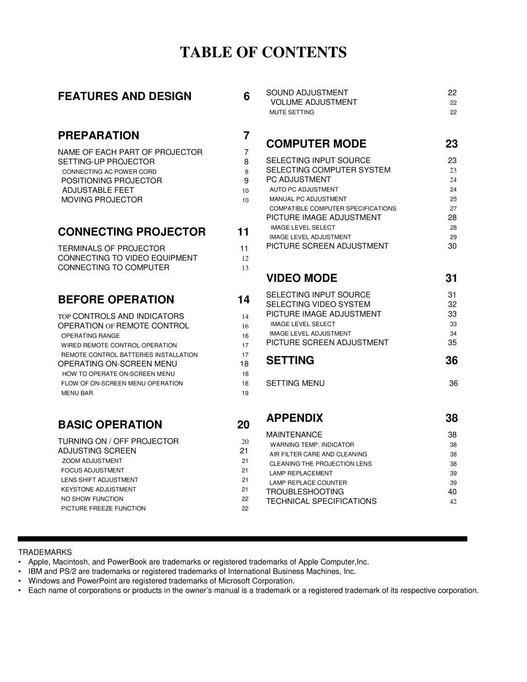 Eiki LC-VC1 owner manual Table of Contents 