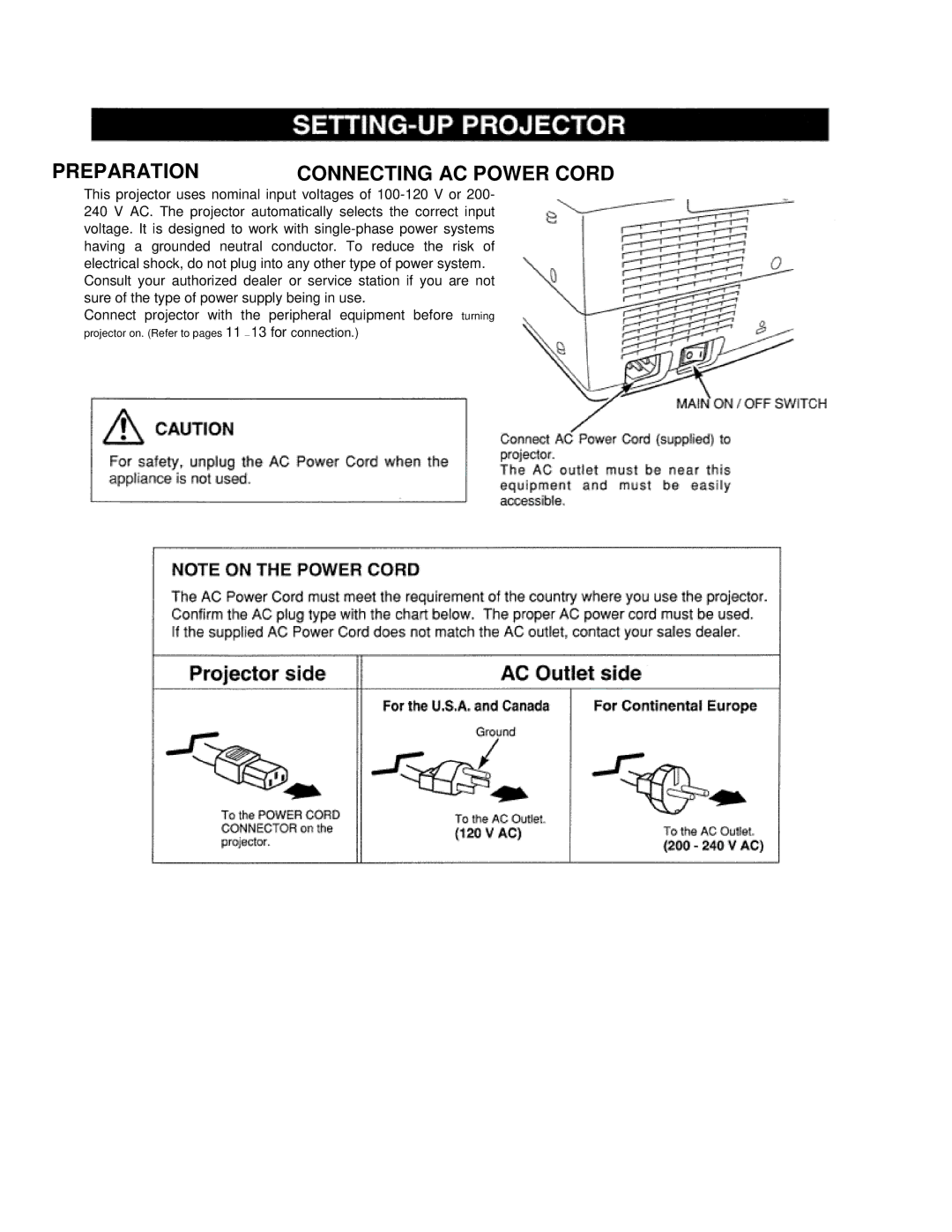 Eiki LC-VC1 owner manual Preparation Connecting AC Power Cord 