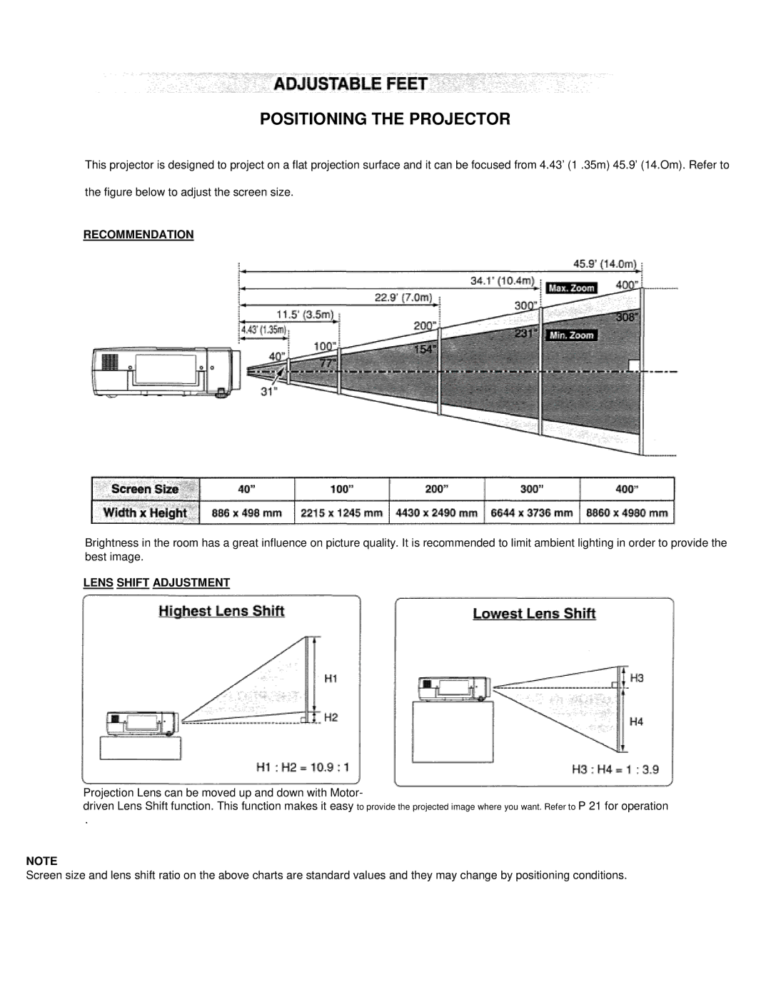 Eiki LC-VC1 owner manual Positioning the Projector, Recommendation 