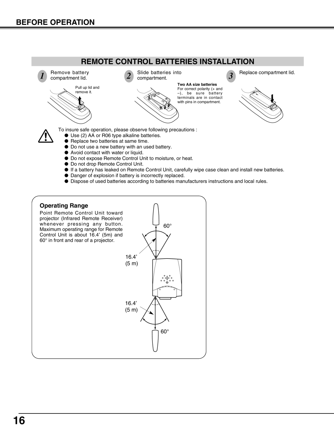 Eiki LC-W3 instruction manual Before Operation Remote Control Batteries Installation, Operating Range 