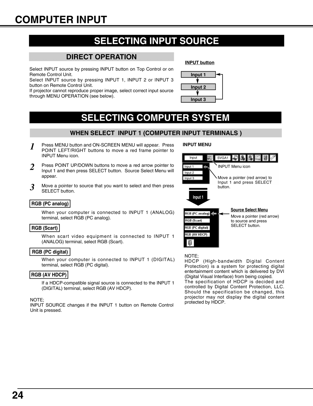 Eiki LC-W3 Computer Input, Selecting Input Source, Selecting Computer System, INPUT button Input Input Input, Input Menu 