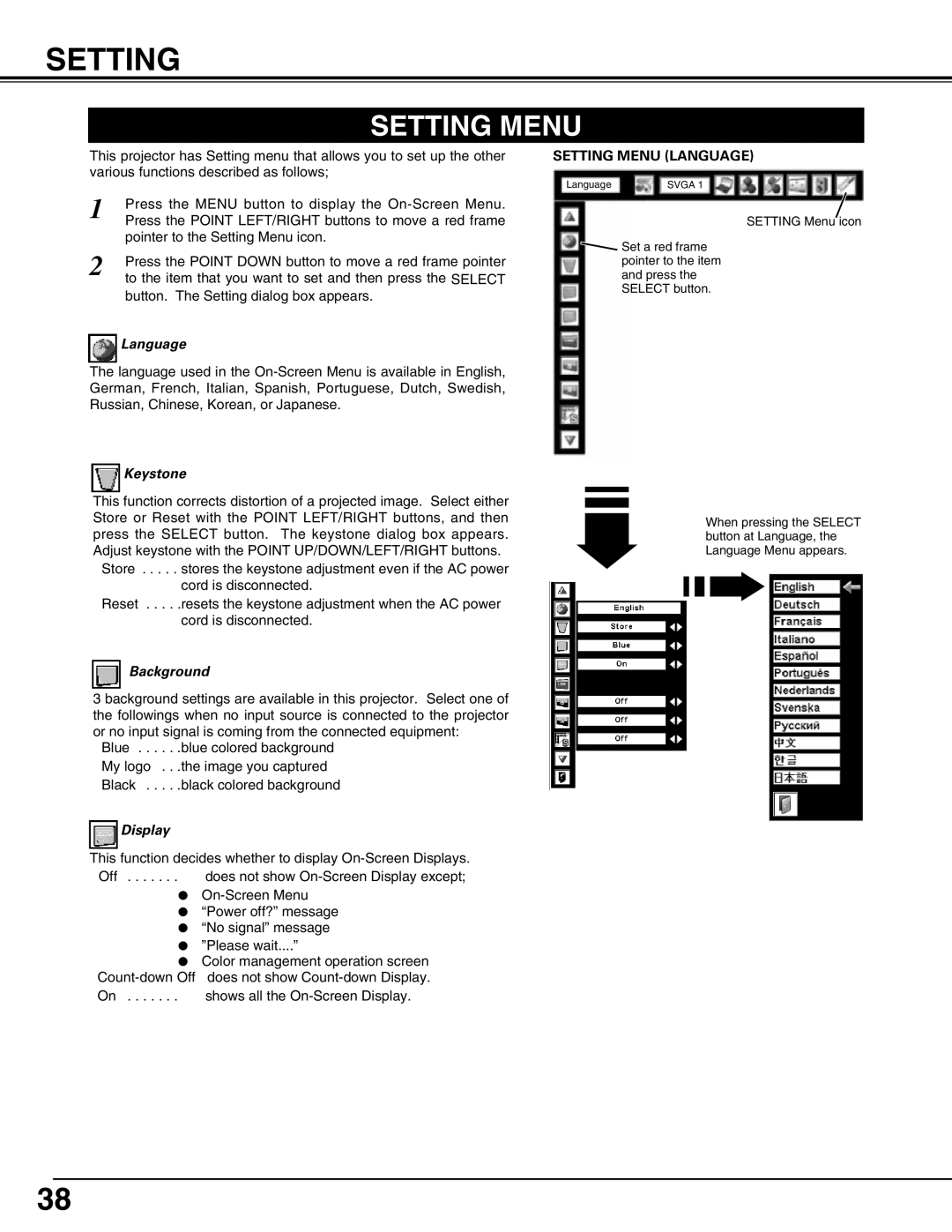 Eiki LC-W3 instruction manual Keystone, Background, Display, Setting Menu Language 