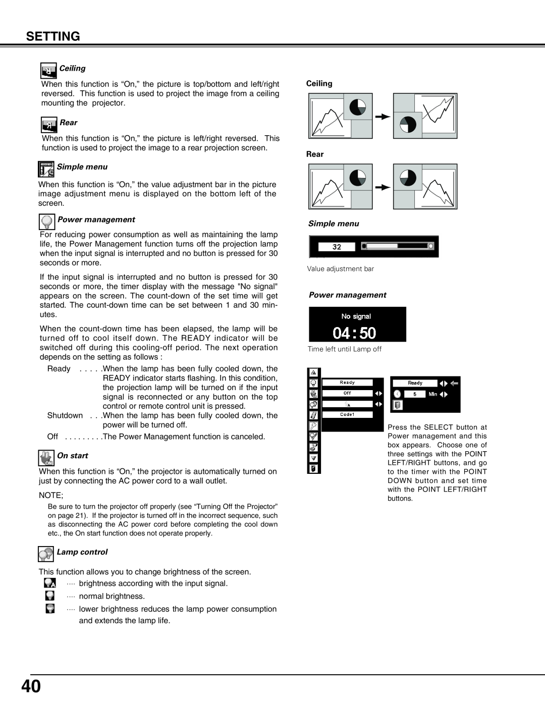 Eiki LC-W3 instruction manual Ceiling, Rear, Simple menu, Power management, On start, Lamp control 